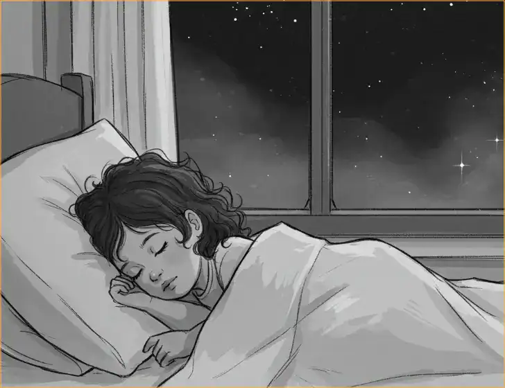 잠자는 소녀 메라토닌 호르몬은 편안한 수면을 유도한다-침대위에서 잠자는 소녀. 창문너머 별빛이 비친다.