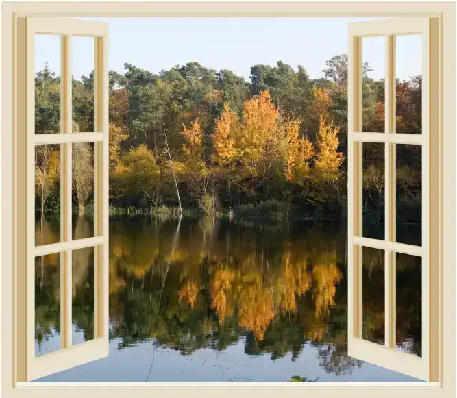 미세먼지, 효과적인 환기전략 활짝 열린 창밖으로 단풍이 비치는 호수가 보인다.