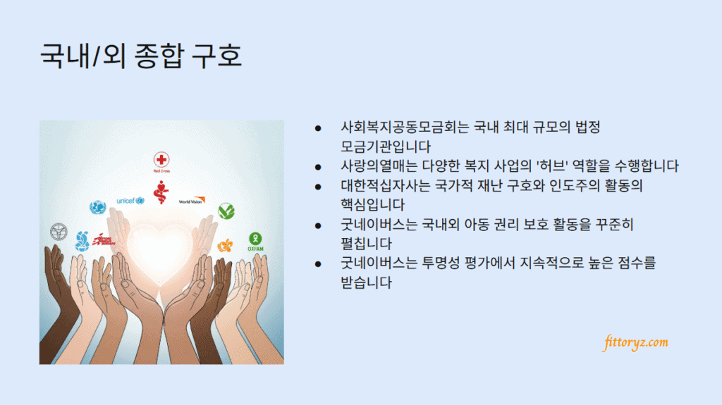 국내/외 종합 구호 단체-기부단체
-사회복지공동모금회는 국내 최대 규모의 법정 모금기관입니다
-사랑의열매는 다양한 복지 사업의 '허브' 역할을 수행합니다
-대한적십자사는 국가적 재난 구호와 인도주의 활동의 핵심입니다
-굿네이버스는 국내외 아동 권리 보호 활동을 꾸준히 펼칩니다
-굿네이버스는 투명성 평가에서 지속적으로 높은 점수를 받습니다