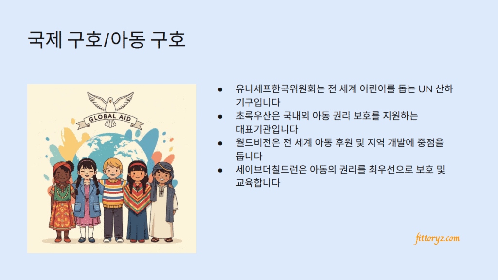 국제 구호/아동 구호단체-기부단체
-유니세프한국위원회는 전 세계 어린이를 돕는 UN 산하 기구입니다
-초록우산은 국내외 아동 권리 보호를 지원하는 대표기관입니다
-월드비전은 전 세계 아동 후원 및 지역 개발에 중점을 둡니다
-세이브더칠드런은 아동의 권리를 최우선으로 보호 및 교육합니다