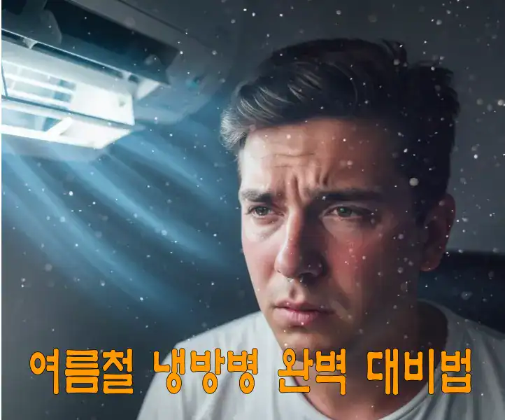 여름철 냉방병 완벽 대비법-Gemini생성-수정 에어컨 바람으로 인한 냉방병으로 감기증상을 호소하는 남자