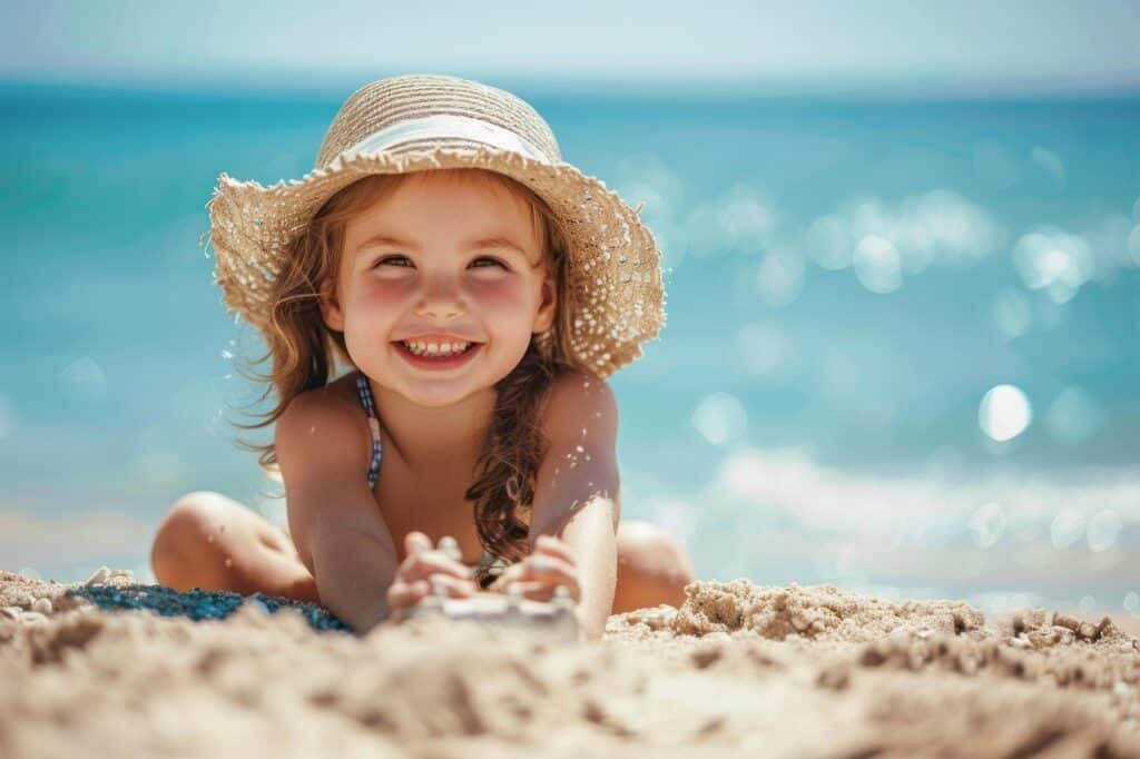 비타민D 결핍 해소-햇볕쬐기,일광욕 비타민D 결핍 해소-햇볕쬐기어린 소녀가 해변가 모래사장 위에서 일광욕을 하고 있다. 활짝 웃고 있는 모습이 귀엽다.