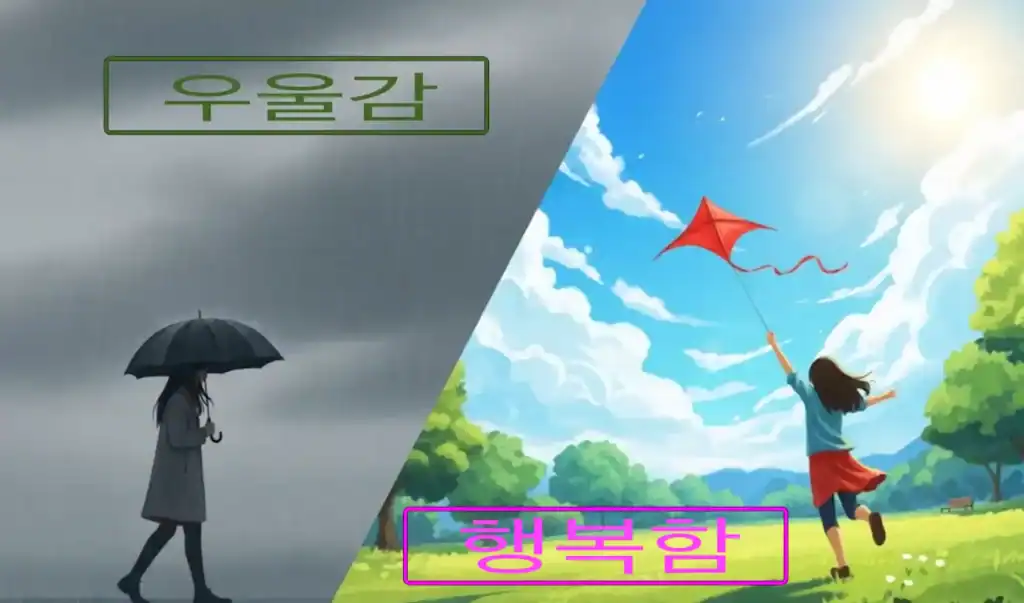무기력과 우울증의 이해
검은 먹구름과 회색 배경의 우산을 쓰고 걷는 여성(무기력 또는 우울함) vs 맑고 화창한 날씨에 푸른 공원에서 연을 날리고 있는 소녀.
