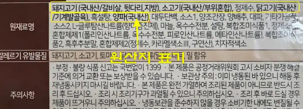 원산지 표기 육류 가공식품 포장지의 원산지 표기
