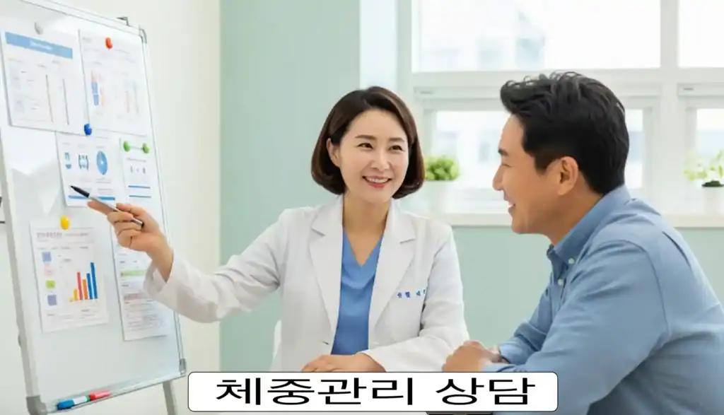 비만-전문가와의 체중 관리 상담 비만-전문가와의 체중 관리 상담
한 남성이 여성 비만 전문가(의사)와 체중 관리 상담을 하고 있다.