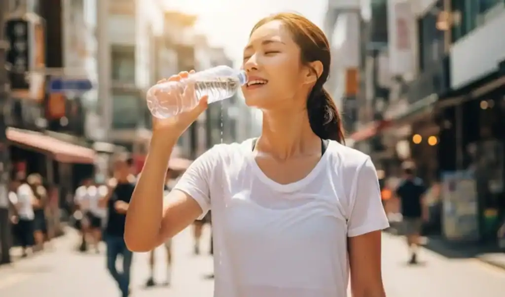 폭염 속에서 시원하게 물을 마시는 여성 폭염 속 온열질환 예방- 폭염 속에서 시원하게 물을 마시는 여성