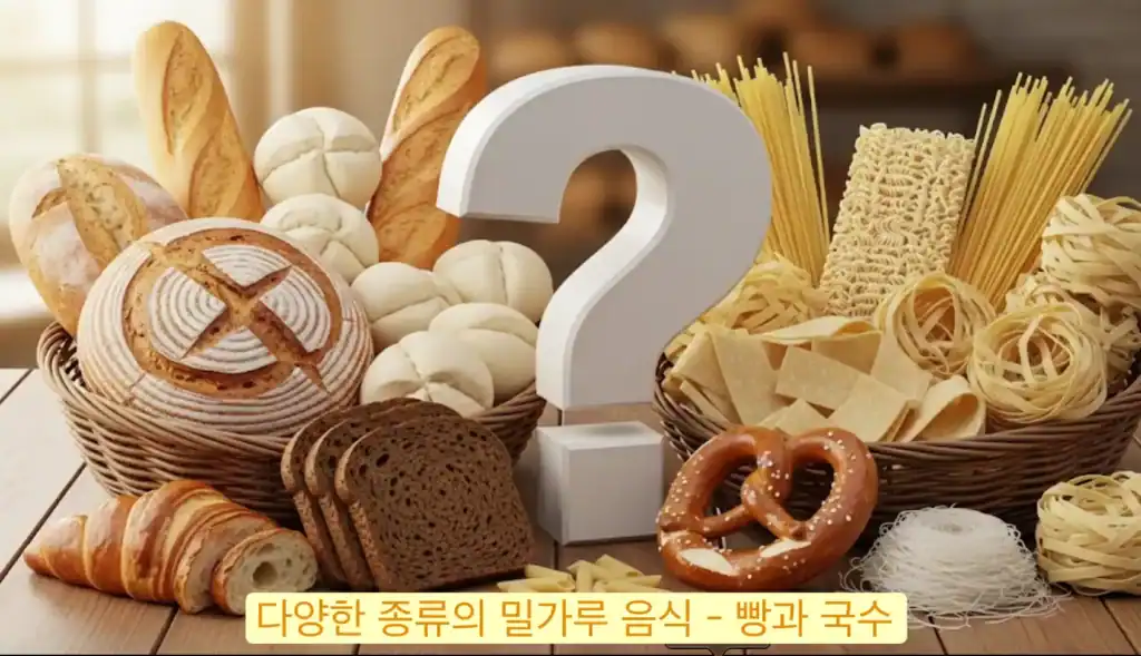 밀가루 알레르기 음식들 밀가루 알레르기-다양한 종류의 밀가루 음식들- 빵과 과자,국수등 다양한 음식들이 테이블위에 놓여있다.