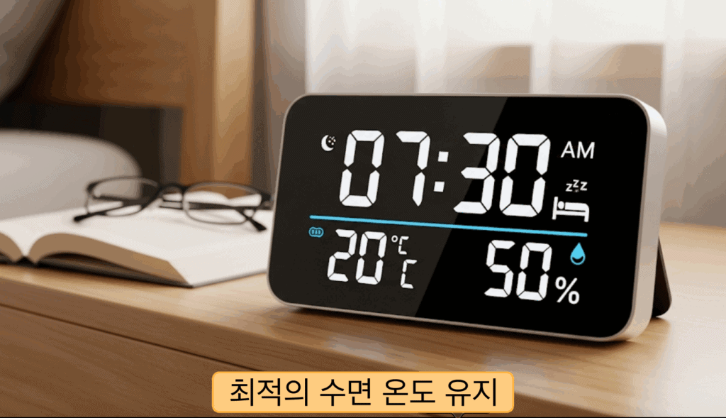숙면을 부르는 침실 환경-온도계와 습도계가 함께 있는 디지털 시계 이미지. 침대 옆 협탁에 놓여 있으며, 이상적인 온도(예: 20℃)와 습도(예: 50%)를 표시하고 있는 모습