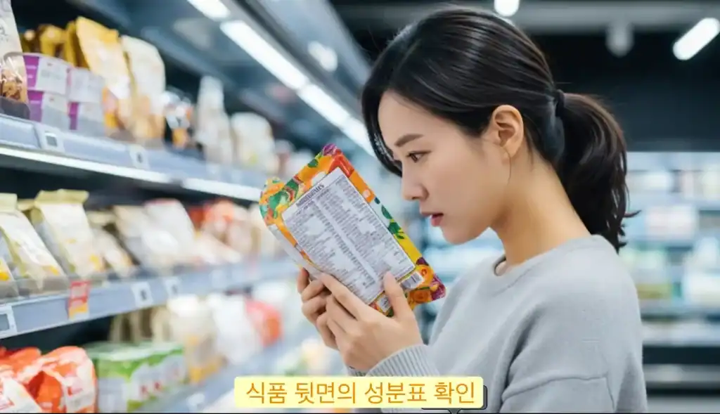 마트에서 구매하는 식품 뒷면의 성분표를 확인하고 있는 여인- 밀가루 알레르기가 의심된다면 제품의 성분표 확인을 습관화 하면 도움이 된다.
