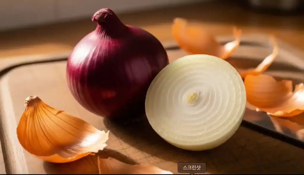 흰양파와 자색양파 양파의 효능- 반으로 나뉜 흰 양파와 자색양파, 그리고 양파의 껍질