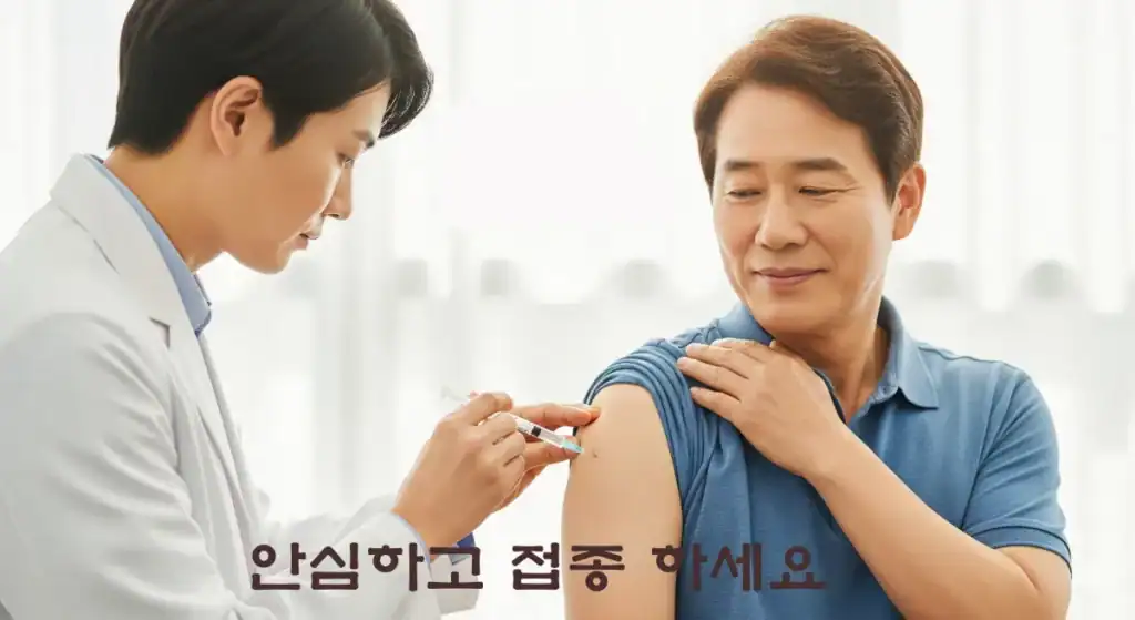 남성 어르신이 웃는 표정으로 독감 무료 예방접종을 받고 있는 이미지