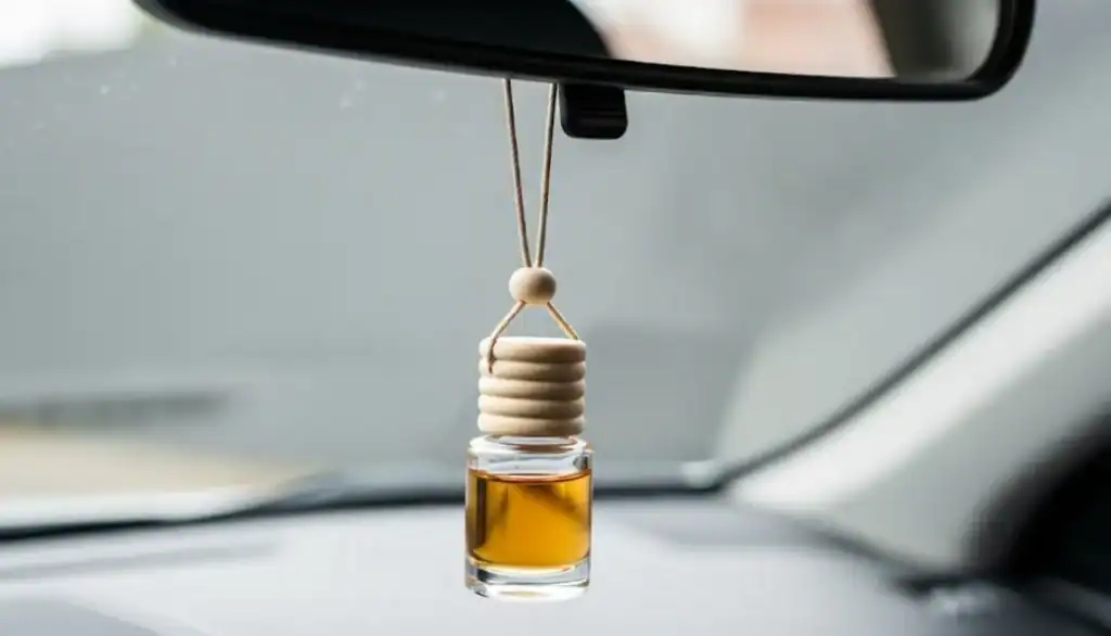 자동차 방향제 자동차 룸밀러에 작은 유리병에 담긴 방향제가 걸려있다.