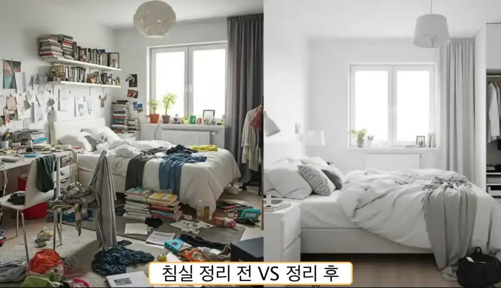숙면을 부르는 침실 환경-정리 전(Before)과 정리 후(After)가 명확하게 대비되는 침실 사진. Before 사진에는 옷가지와 책들이 어지럽게 널려있고, After 사진에는 깔끔하게 정돈된 호텔 침구 같은 모습.