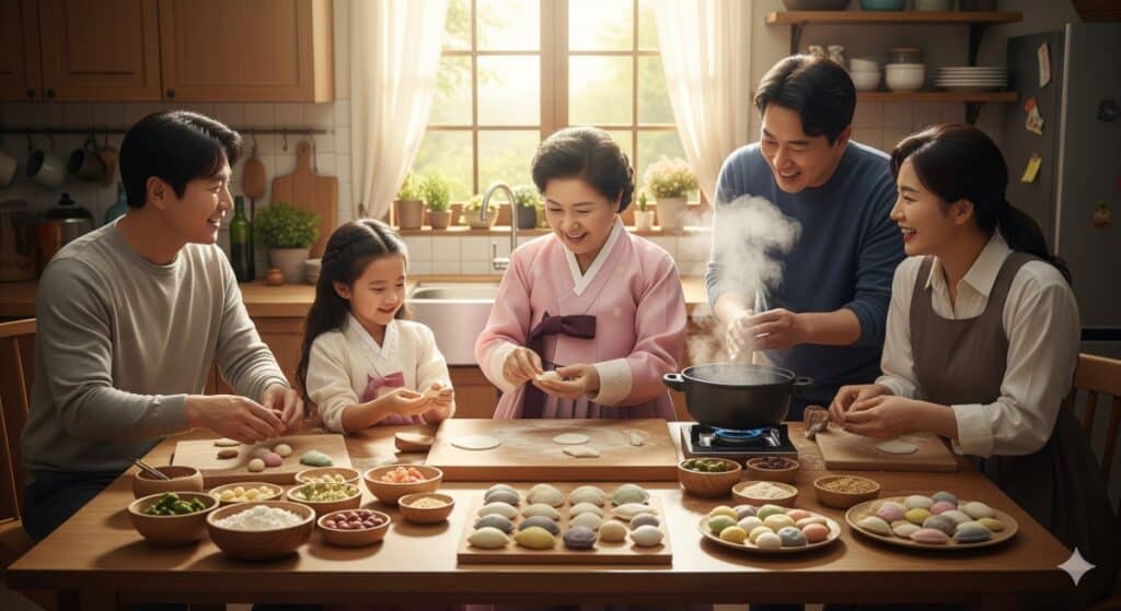 가족이 모여 명절 음식을 만들고 있는 이미지