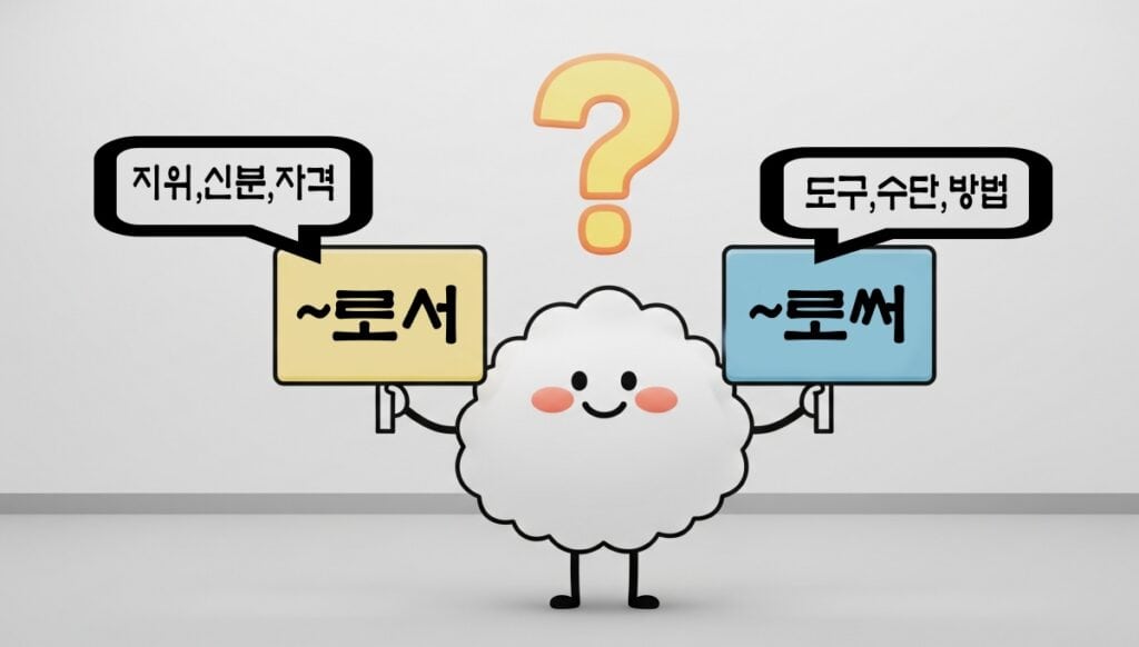 헷갈리는 맞춤법-'로서'와 '로써'
팻말을 들고 고민하는 귀여운 캐릭터 이미지.