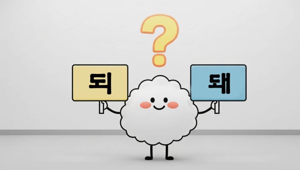 헷갈리는 맞춤법-'되'와 '돼'
팻말을 들고 고민하는 귀여운 캐릭터 이미지.