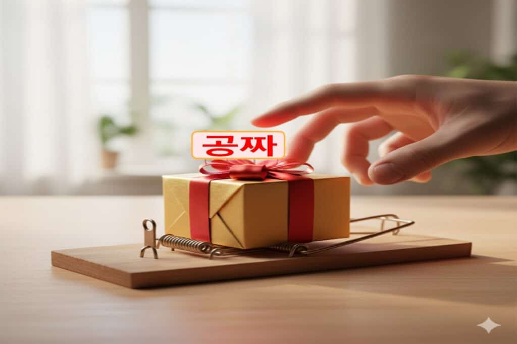 '공짜'라는 라벨이 붙은 예쁜 선물 상자가 사실은 쥐덫 위에 아슬아슬하게 놓여 있고, 사람의 손이 조심스럽게 다가가는 모습을 담은 세상에 공짜는 없다는 말을 비유적으로 표현한 이미지