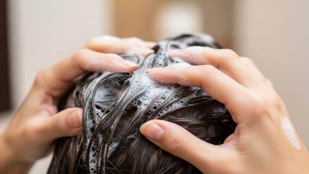 두피 관리-샴푸 거품을 충분히 낸 뒤, 손톱이 아닌 손끝 지문 부분으로 두피를 부드럽게 마사지 하고 있는 여성