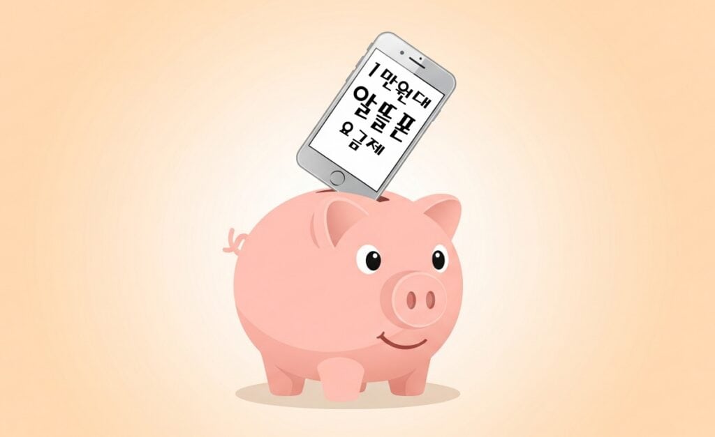 1만 원대 알뜰폰 요금제-핑크색 돼지 저금통으로 들어가고 있는 스마트폰 이미지. 1만원대 알뜰폰 요금제로 변경하면 매달 지출되는 돈이 절약된다는 의미.