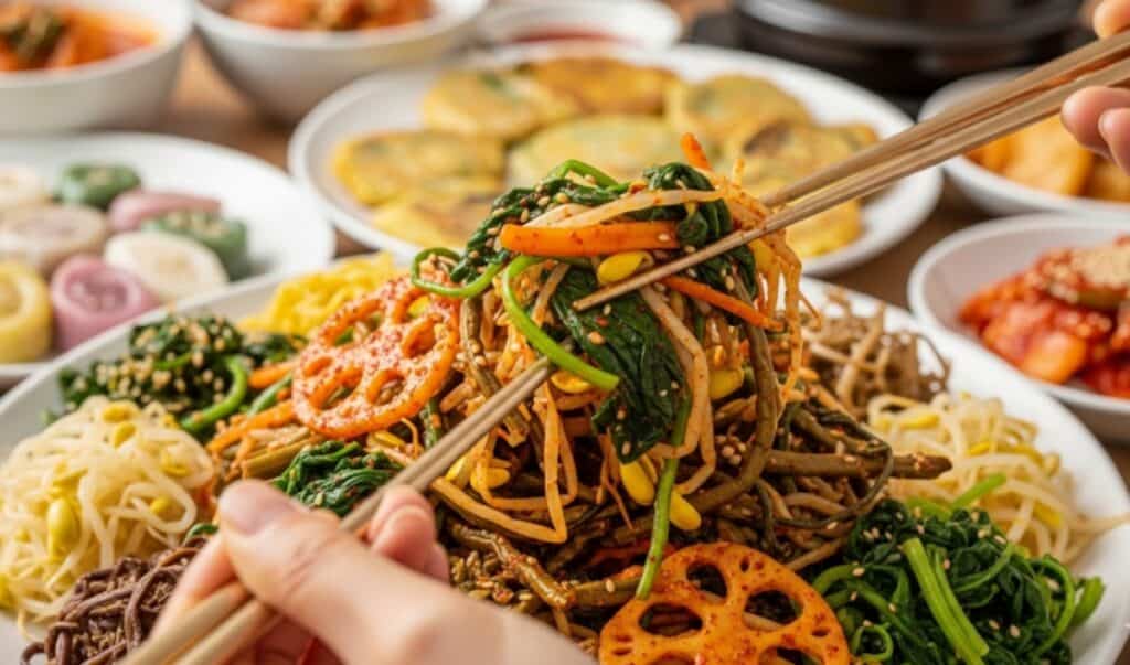 떡과 전 그리고 다양한 나물과 같은 명절 음식 이미지