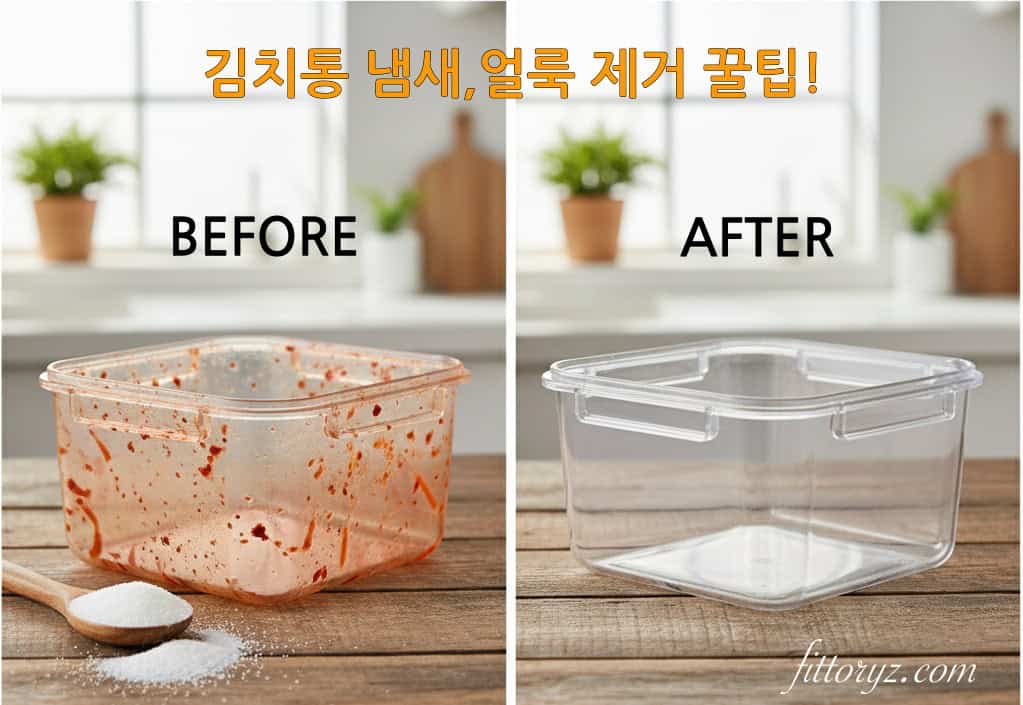 김치통 냄새&얼룩 제거 꿀팁! 김치통 세척 전(김치냄새와 김치얼룩이 묻어있는 김치통)과 후(새 김치통처럼 깨끝해진 김치통)의 이미지
