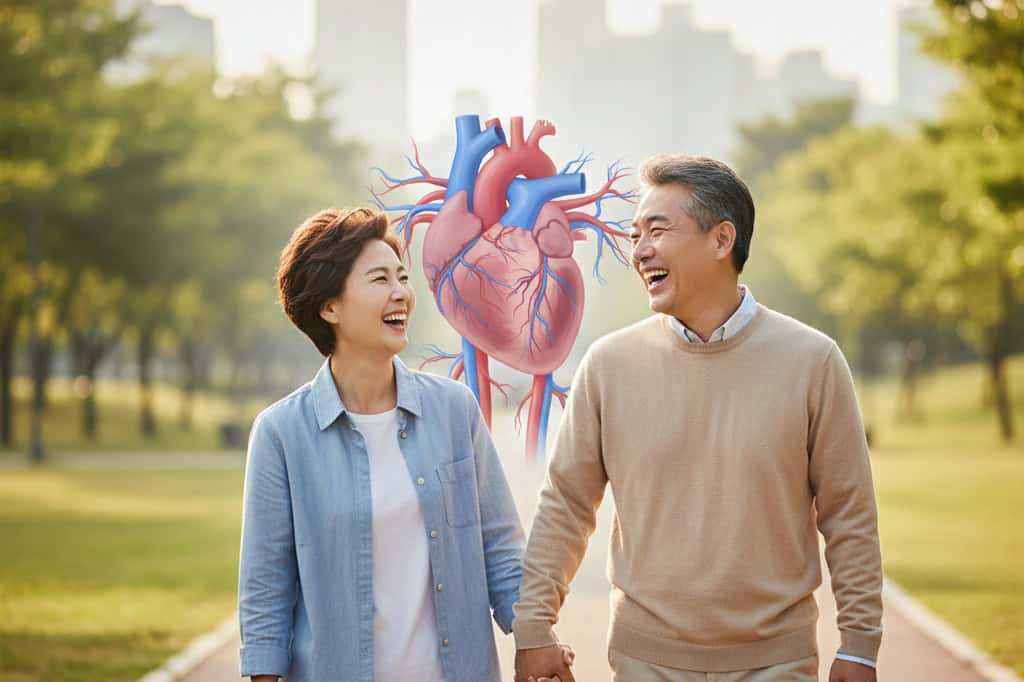 활력 넘치는 한국 중년 남성과 여성이 야외에서 밝게 웃고 있으며, 배경에는 심장과 혈관 일러스트가 은은하게 겹쳐져 건강한 혈액순환을 상징하고 있다.혈관과 심장에 도움을 주는 코엔자임 Q10(코큐텐)을 설명