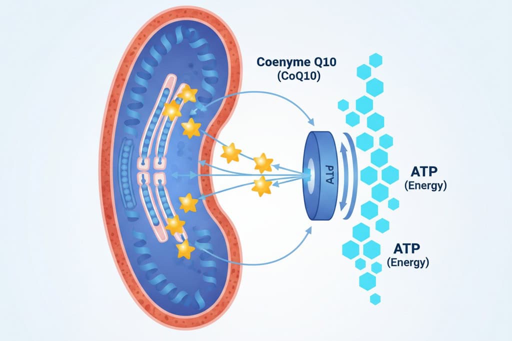 세포 속 미토콘드리아가 에너지를 생성하는 과정을 시각적으로 표현한 다이어그램으로, 코엔자임 Q10 분자가 에너지(ATP) 생성 과정에서 핵심적인 역할을 하는 모습이 강조된 이미지
