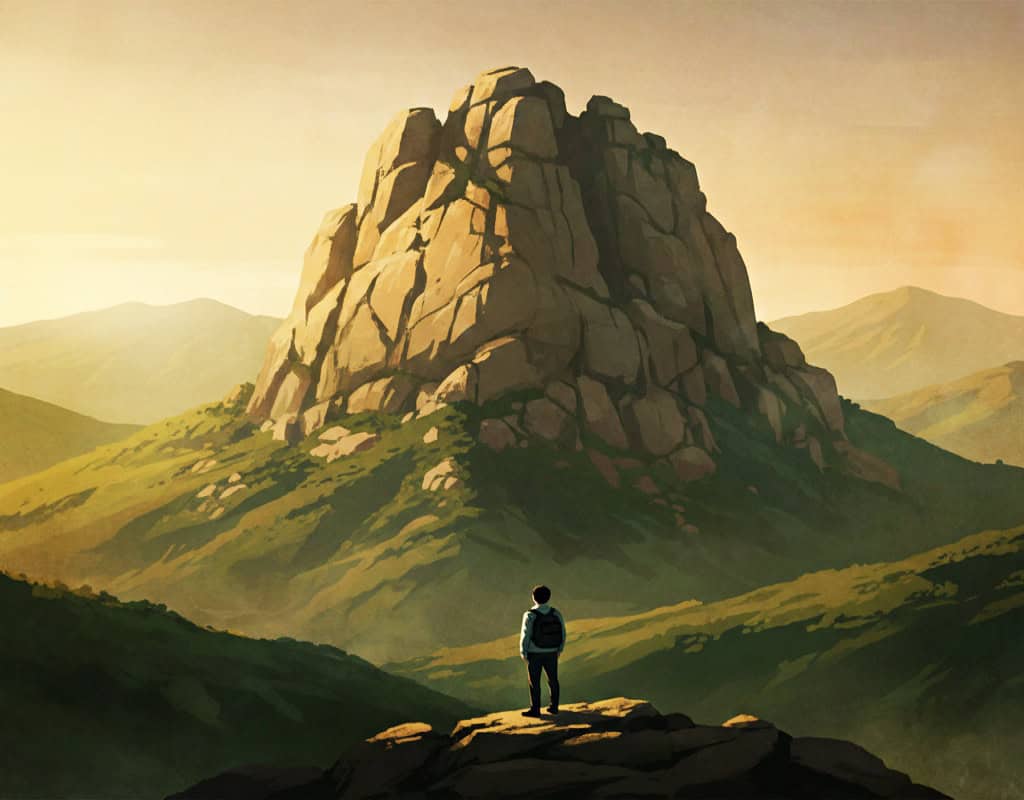 설악산 울산바위의 웅장한 모습을 맞은편 산 위에서 바라보고 있는 일러스트 이미지