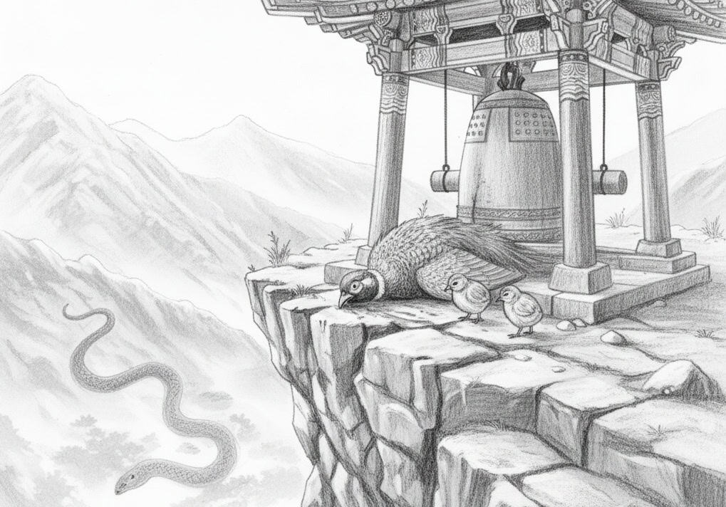 원주 치악산 상원사 꿩의 전설을 표현. 온몸으로 종을 울리고 죽은 꿩과 새끼 꿩의 스케치 이미지