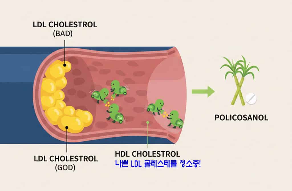 혈관 단면도 안에서 나쁜 LDL 콜레스테롤(노란색 덩어리)이 쌓이는 모습과, 좋은 HDL 콜레스테롤(초록색 청소부)이 이를 청소하는 모습을 보여주는 인포그래픽. 옆에 폴리코사놀 아이콘을 배치하여 HDL을 돕는 역할을 시각적으로 암시하는 이미지