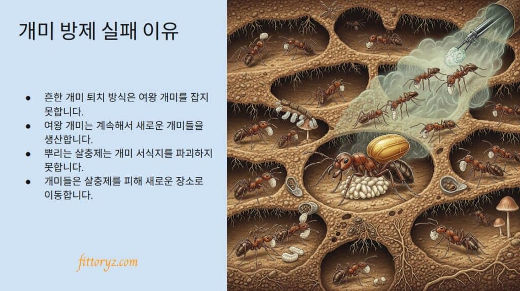 집개미 퇴치 실패 이유-전략1
흔한 개미 퇴치 방식은 여왕 개미를 잡지 못합니다.
여왕 개미는 계속해서 새로운 개미들을 생산합니다.
뿌리는 살충제는 개미 서식지를 파괴하지 못합니다.
개미들은 살충제를 피해 새로운 장소로 이동합니다.