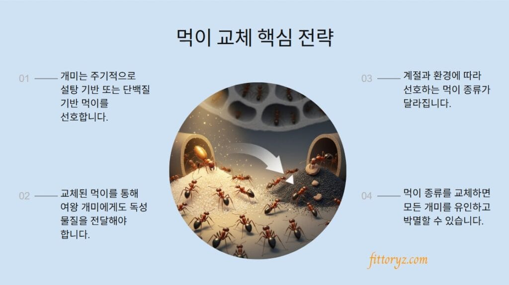 집개미 퇴치 전략2-먹이 교체 핵심 전략
개미는 주기적으로 설탕 기반 또는 단백질 기반 먹이를 선호합니다.
교체된 먹이를 통해 여왕 개미에게도 독성 물질을 전달해야 합니다.
계절과 환경에 따라 선호하는 먹이 종류가 달라집니다.
먹이 종류를 교체하면 모든 개미를 유인하고 박멸할 수 있습니다.