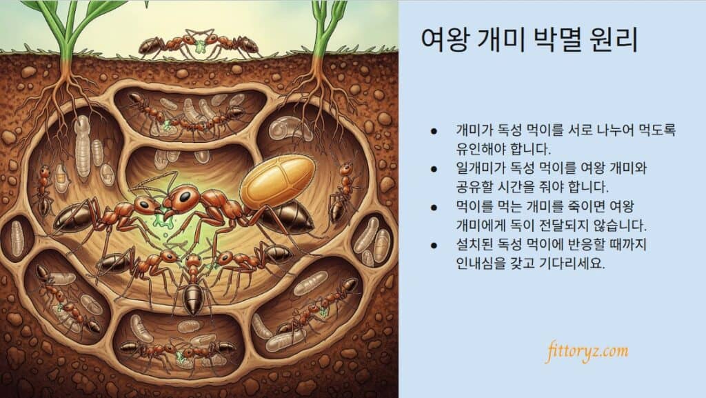 집개미 퇴치 전략-여왕 개미 박멸 원리
개미가 독성 먹이를 서로 나누어 먹도록 유인해야 합니다.
일개미가 독성 먹이를 여왕 개미와 공유할 시간을 줘야 합니다.
먹이를 먹는 개미를 죽이면 여왕 개미에게 독이 전달되지 않습니다.
설치된 독성 먹이에 반응할 때까지 인내심을 갖고 기다리세요.