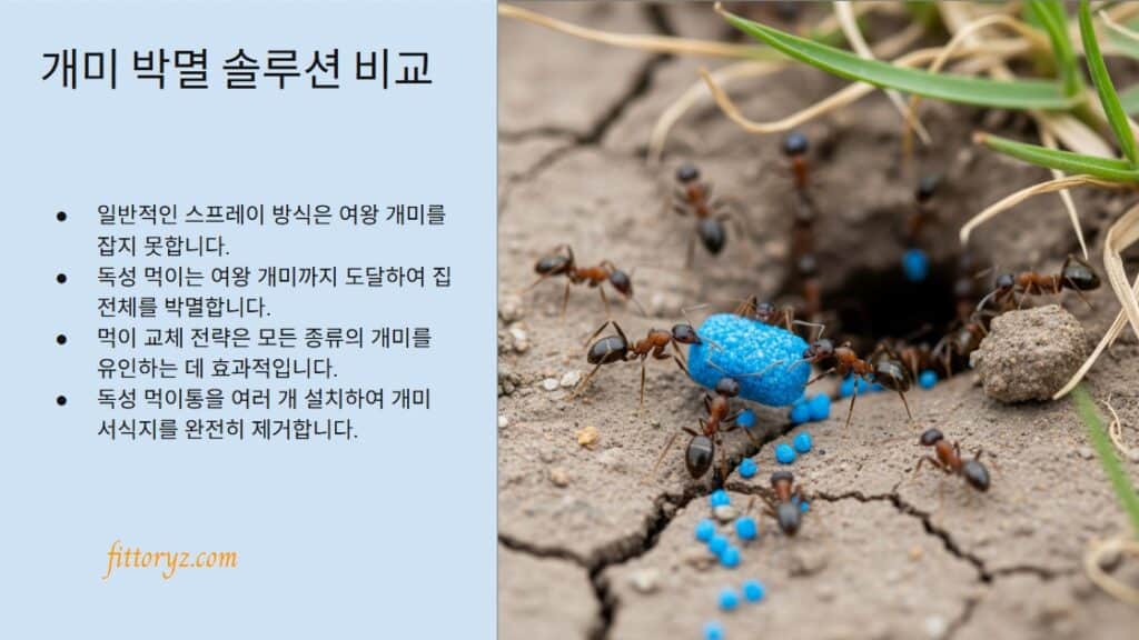 집개미 박멸 솔루션 비교
일반적인 스프레이 방식은 여왕 개미를 잡지 못합니다.
독성 먹이는 여왕 개미까지 도달하여 집 전체를 박멸합니다.
먹이 교체 전략은 모든 종류의 개미를 유인하는 데 효과적입니다.
독성 먹이통을 여러 개 설치하여 개미 서식지를 완전히 제거합니다.