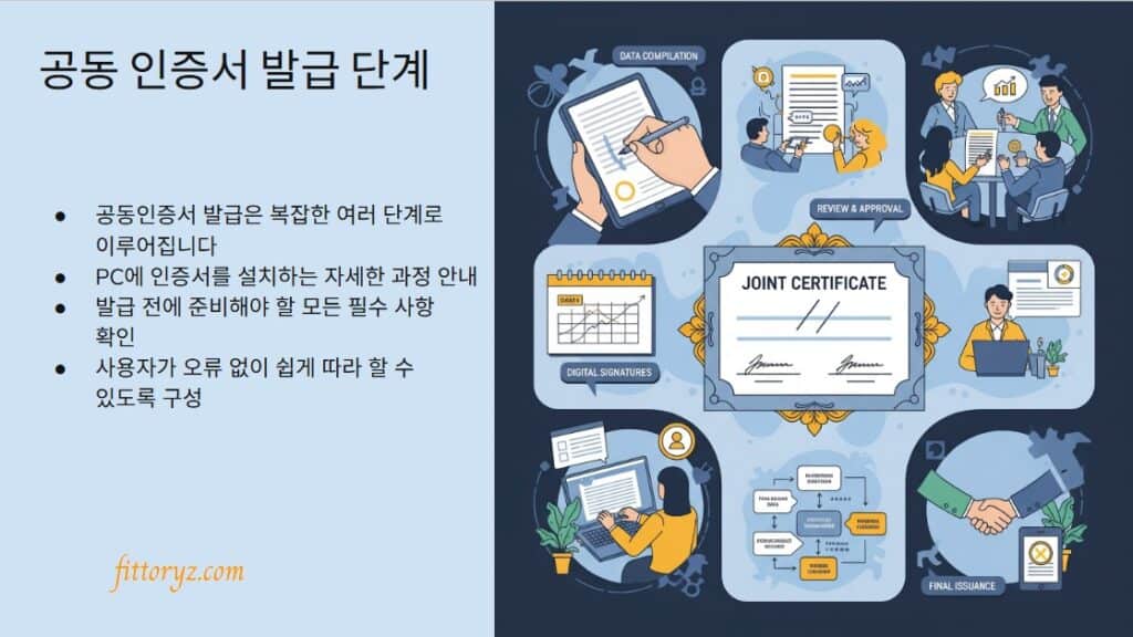 공동인증서 발급 단계
공동인증서 발급은 복잡한 여러 단계로 이루어집니다
PC에 인증서를 설치하는 자세한 과정 안내
발급 전에 준비해야 할 모든 필수 사항 확인
사용자가 오류 없이 쉽게 따라 할 수 있도록 구성