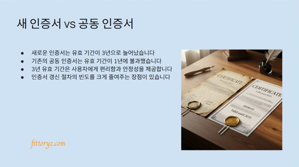새 인증서 vs 공동 인증서
새로운 인증서는 유효 기간이 3년으로 늘어났습니다
기존의 공동 인증서는 유효 기간이 1년에 불과했습니다
3년 유효 기간은 사용자에게 편리함과 안정성을 제공합니다
인증서 갱신 절차의 빈도를 크게 줄여주는 장점이 있습니다