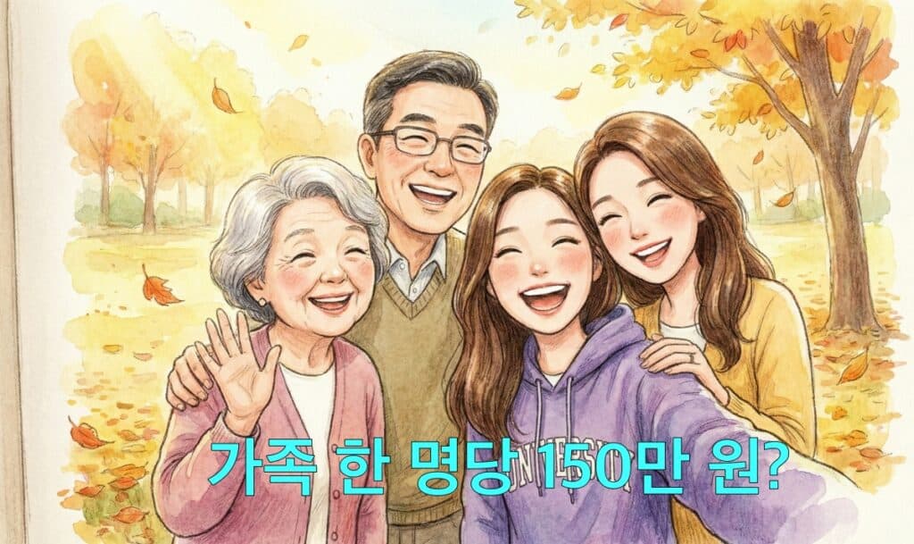 할머니,아버지,어머니,대학생 딸이 낙옆날리는 공원을 배경으로 활짝 웃고 있는 수채화 그림. 연말정산 부양가족 1명당 150만원이 연말정산 소득 공제가 가능하다.