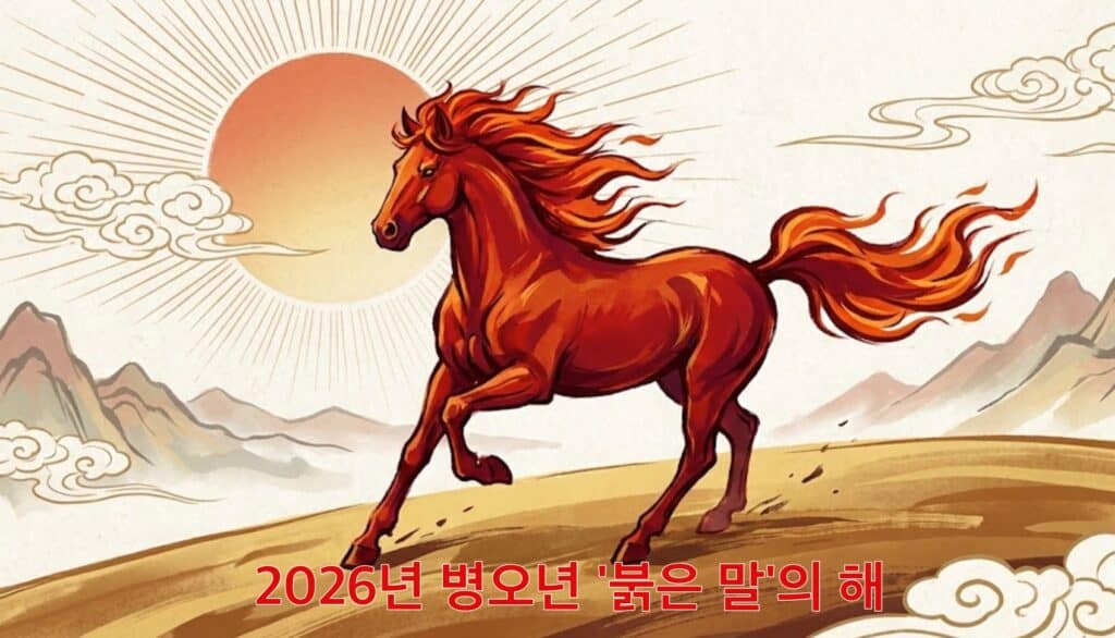 2026년 병오년 붉은 말의 해를 상징하는 역동적인 적토마 일러스트