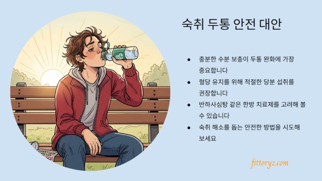 음주 후 두통, 숙취 안전 대안
충분한 수분 보충이 두통 완화에 가장 중요합니다
혈당 유지를 위해 적절한 당분 섭취를 권장합니다
반하사심탕 같은 한방 치료제를 고려해 볼 수 있습니다
숙취 해소를 돕는 안전한 방법을 시도해 보세요
