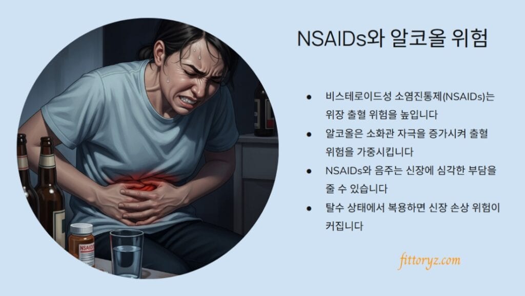 음주 후 두통약 복용의 위험성
-NSAIDs와 알코올 위험-
비스테로이드성 소염진통제(NSAIDs)는 위장 출혈 위험을 높입니다
알코올은 소화관 자극을 증가시켜 출혈 위험을 가중시킵니다
NSAIDs와 음주는 신장에 심각한 부담을 줄 수 있습니다
탈수 상태에서 복용하면 신장 손상 위험이 커집니다