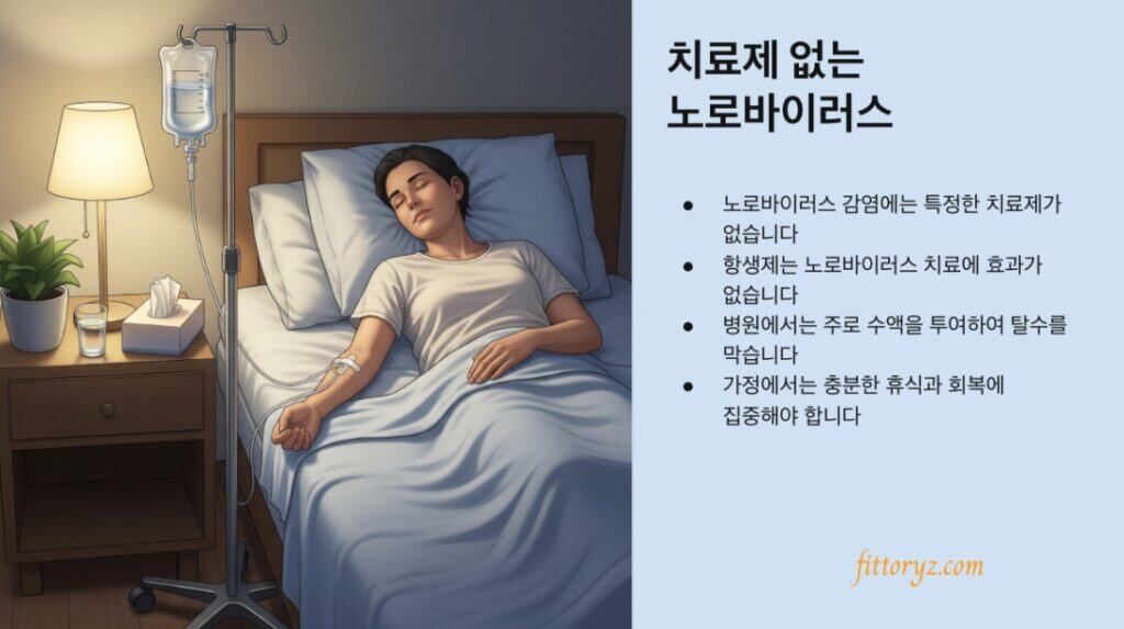 노로바이러스 감염에는 특정한 치료제가 없습니다.
항생제는 노로바이러스 치료에 효과가 없습니다.
병원에서는 주로 수액을 투여하여 탈수를 막습니다.
가정에서는 충분한 휴식과 회복에 집중해야 합니다.