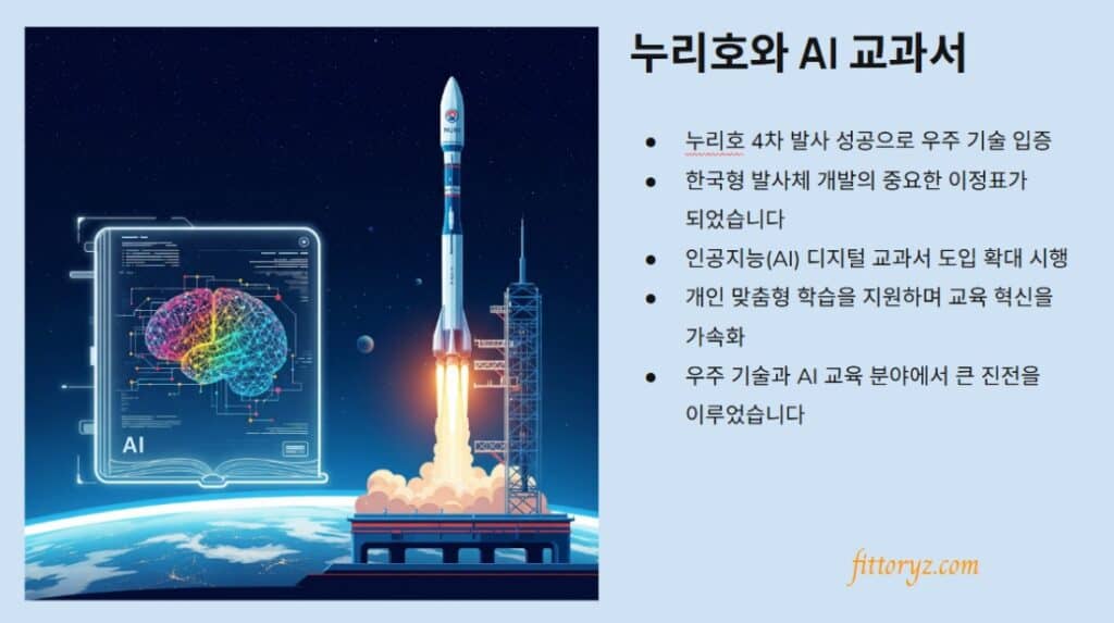 2025년 대한민국 역사 기록2
누리호와 AI교과서
누리호 4차발사 성공으로 우주 기술 입증
한국형 발사체 개발의 중요한 이정표가 되었습니다.
인공지능(AI) 디지털 교과서 도입 확대 시행
개인 맞춤형 학습을 지원하며 교육 혁신을 가속화
우주 기술과 AI 교육 분야에서 큰 진전을 이루었습니다.