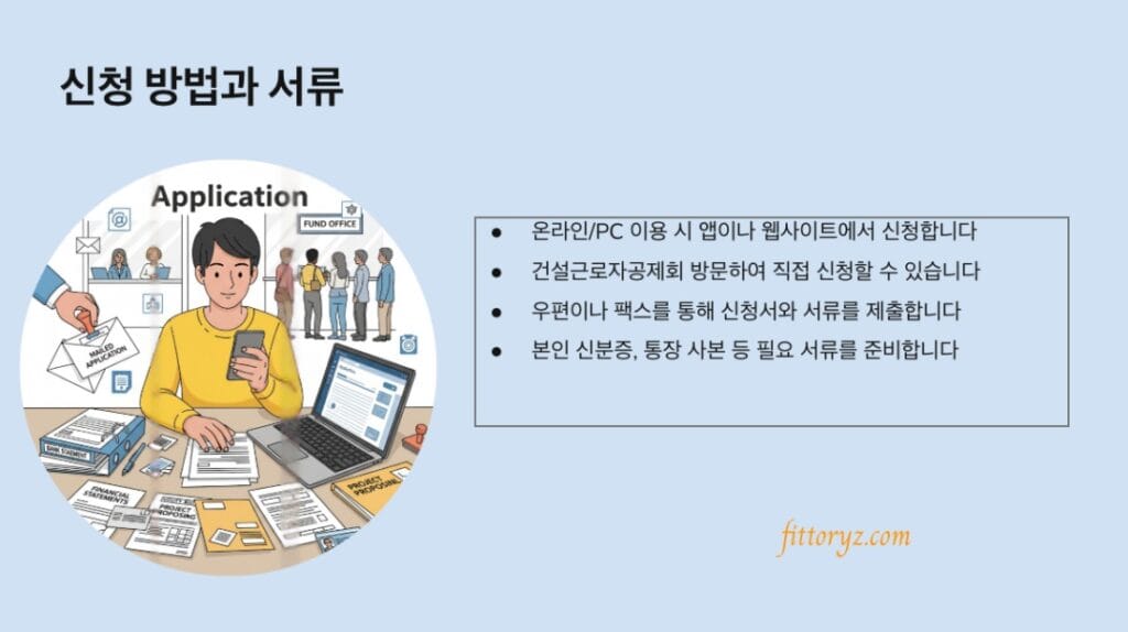 건설근로자 퇴직공제금 신청 방법과 서류 요약 슬라이드