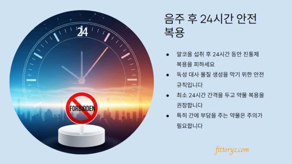 음주 후 두통약 복용 방법
알코올 섭취 후 24시간 동안 진통제 복용을 피하세요
독성 대사 물질 생성을 막기 위한 안전 규칙입니다
최소 24시간 간격을 두고 약물 복용을 권장합니다
특히 간에 부담을 주는 약물은 주의가 필요합니다