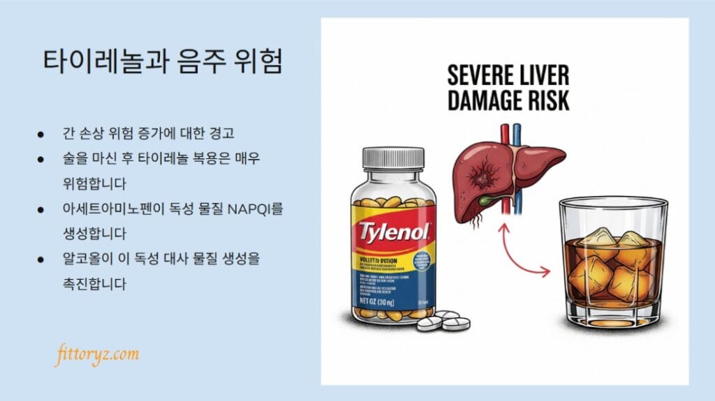 음주 후 두통약 복용시 위험
-타이레놀과 음주 위험-
간 손상 위험 증가에 대한 경고
술을 마신 후 타이레놀 복용은 매우 위험합니다
아세트아미노펜이 독성 물질 NAPQI를 생성합니다
알코올이 이 독성 대사 물질 생성을 촉진합니다