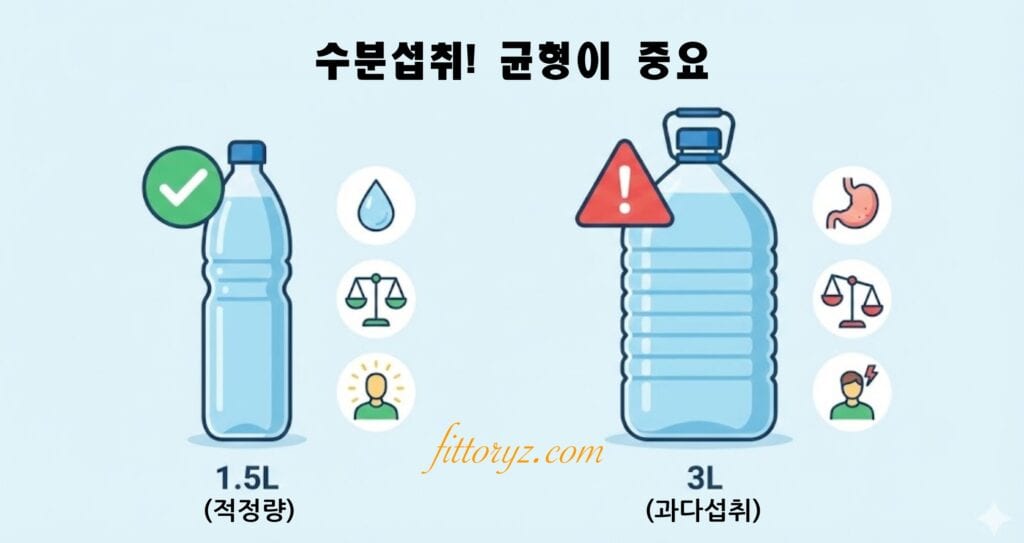 적정 수분량과 과다 수분 섭취를 대비시킨 건강 인포그래픽 일러스트