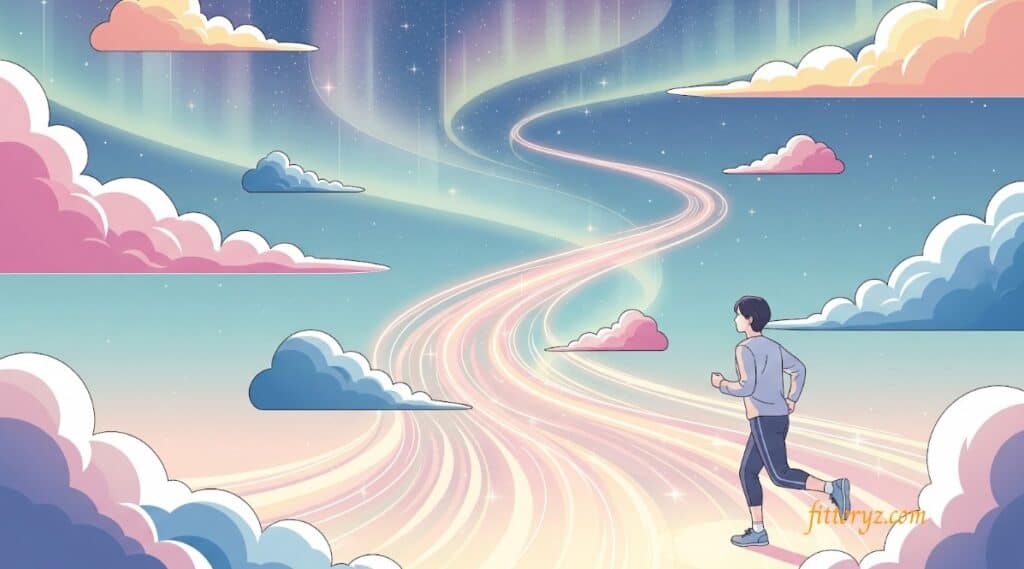 달리는 꿈 해몽 베스트 4 - 구름 속 오로라로 이어진 길을 달리고 있는 몽환적인 벡터 이미지