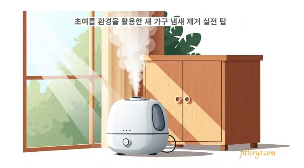 새 가구 냄새 제거 팁:35도를 유지한채 가습기틀 가동하면 도움이 된다는 벡터 이미지