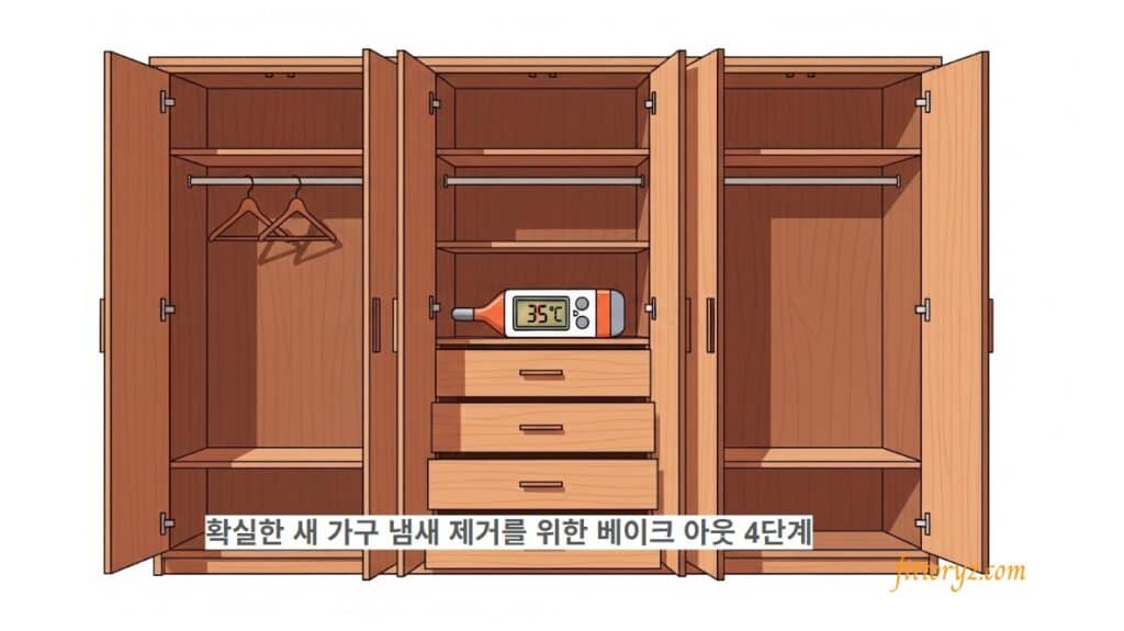 새 가구 냄새 제거를 위한 베이크 아웃 4단계: 가구의 문을 활짝열고 35도를 유지하고 있는 벡터 이미지