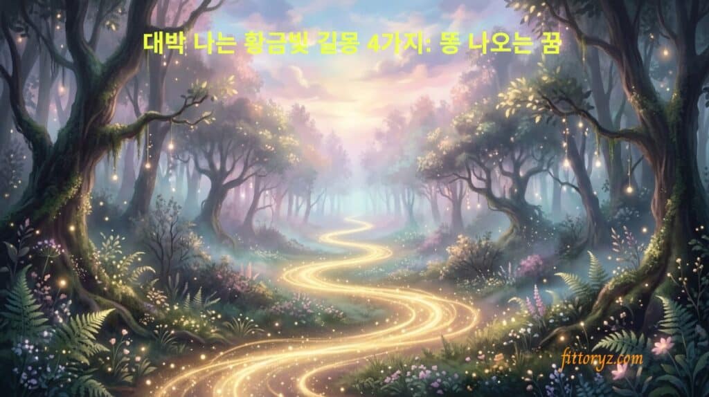 똥 나오는 꿈해몽 . 황금빛 길이 이어지는 몽환적인 분위기의 숲 길 이미지